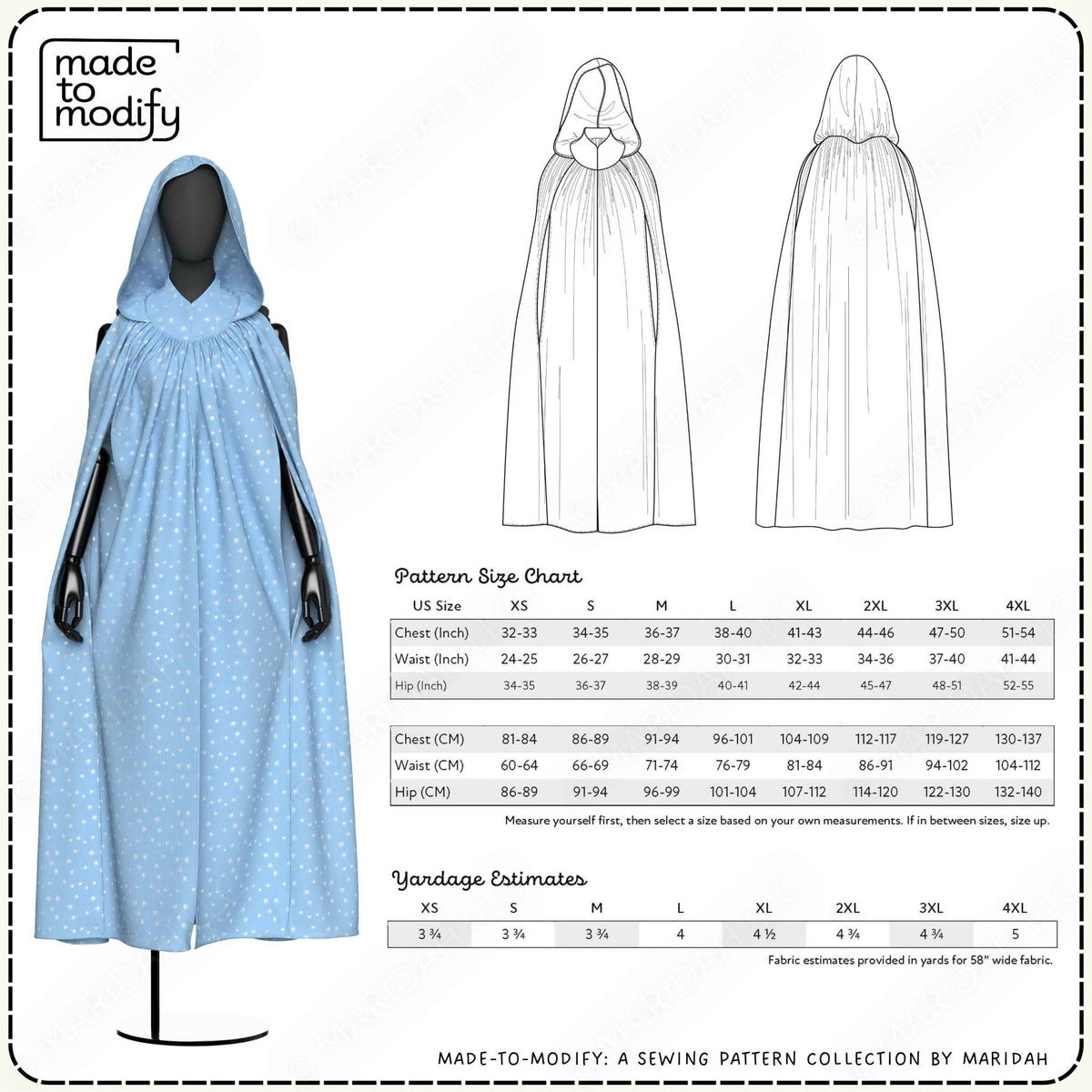 Pattern size chart and yardage estimates for a sewing pattern collection by Maridah, featuring a blue pattern swatch, line drawings of a long dress on a mannequin, and sizing tables from XS to 4XL.