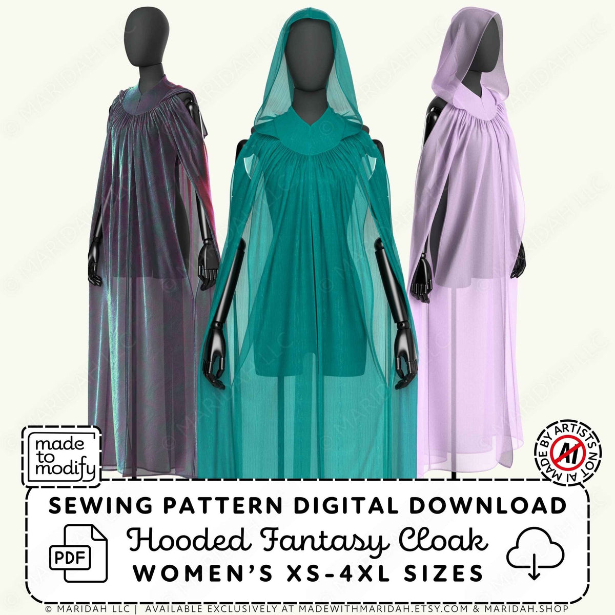 Three hooded fantasy cloaks displayed on mannequins against a light background, with text reading &