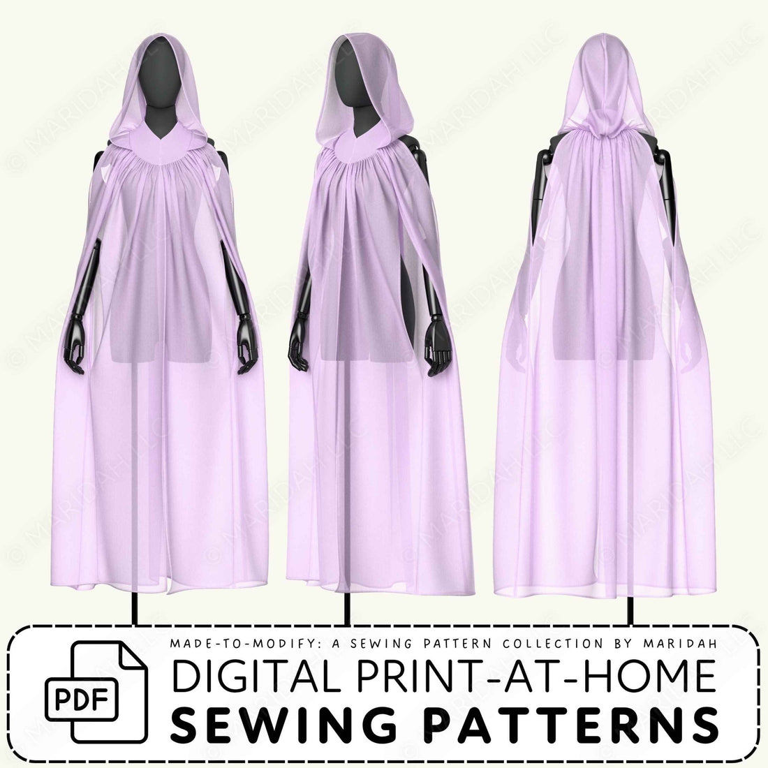 Three views of a lavender hooded cape dress displayed on black mannequins against a light background, with text at the bottom reading &