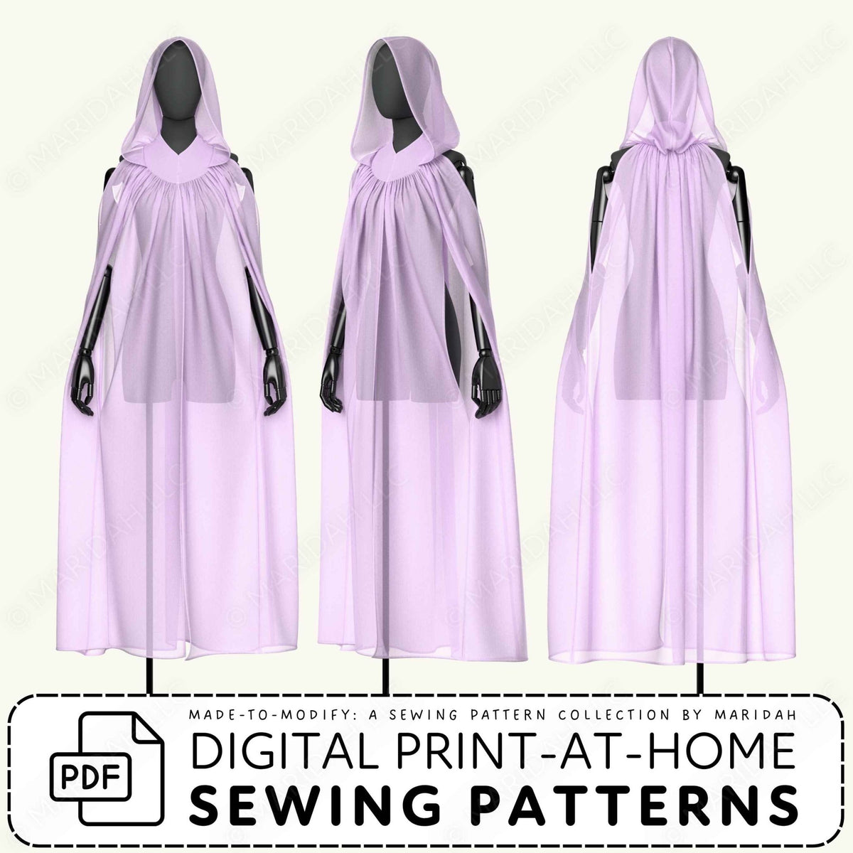 Three views of a lavender hooded cape dress displayed on black mannequins against a light background, with text at the bottom reading &