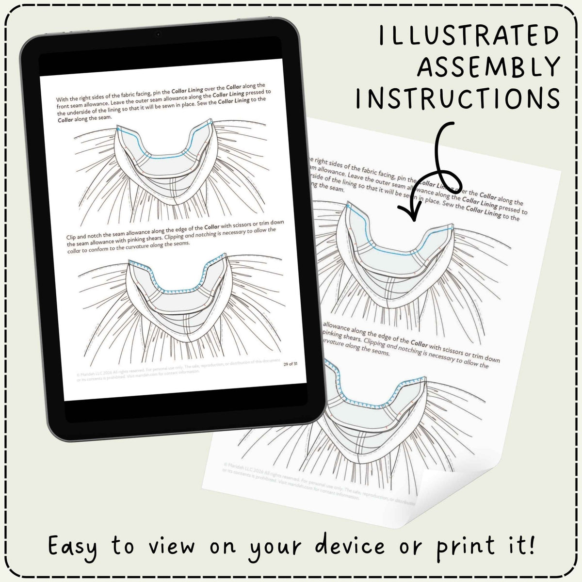 Instruction sheet showing illustrated assembly instructions for a collar, displayed on a tablet screen and a printed page, with text reading &