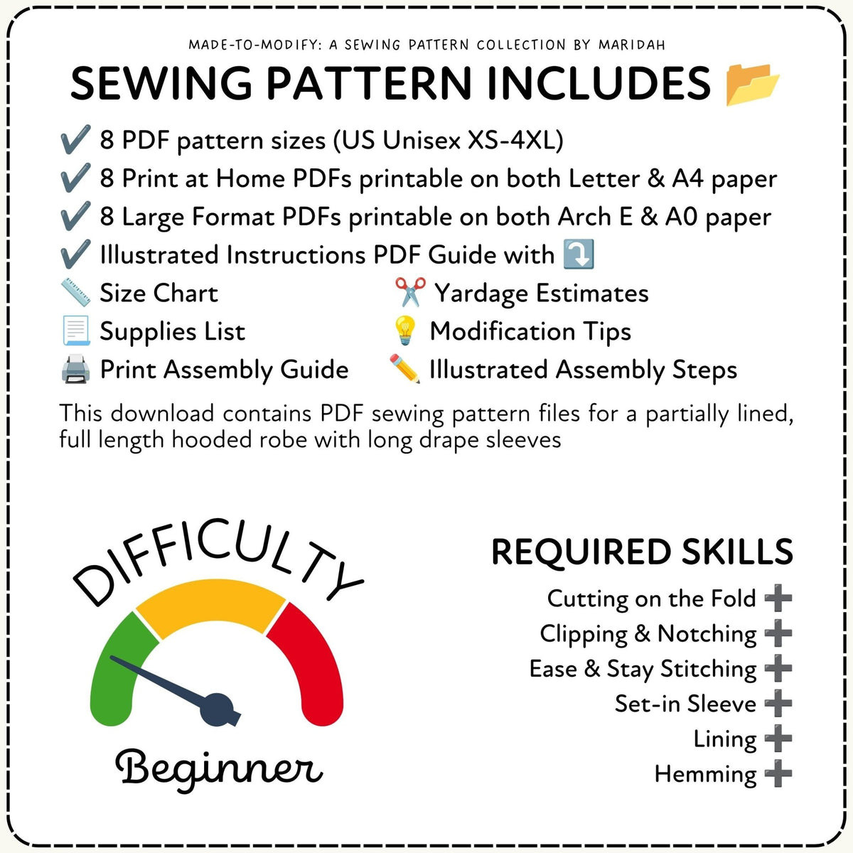 A digital listing graphic for a sewing pattern bundle by Maridah, detailing what is included in a &