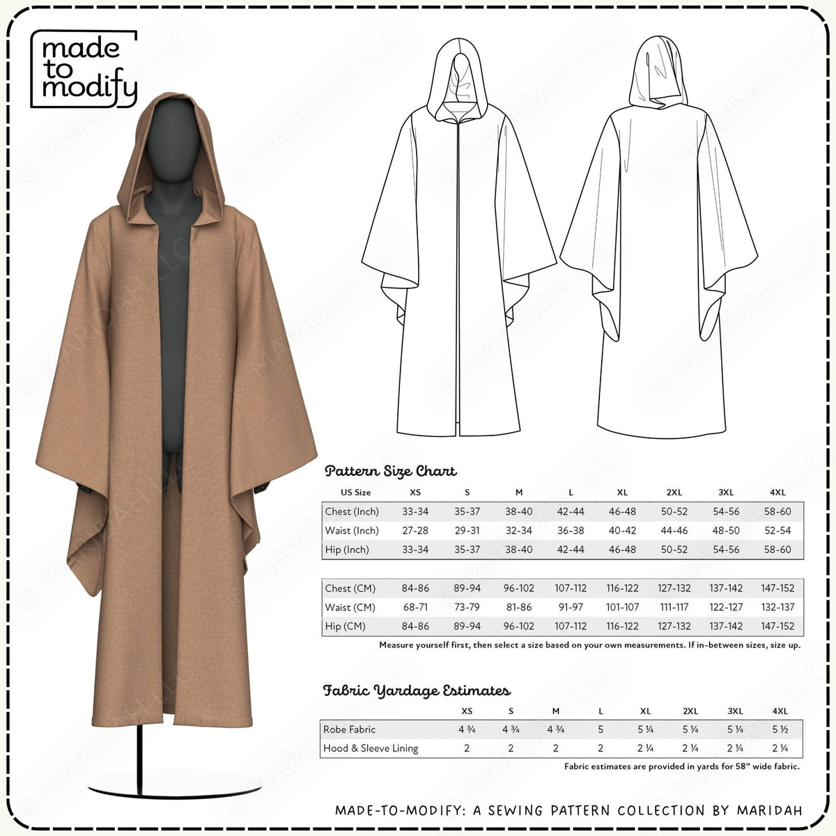 Pattern collection size chart and fabric yardage estimates for a hooded robe or cape-style garment, shown with a mannequin wearing the garment, three line drawings of the back view, a size chart table, and fabric estimates. The brand logo &