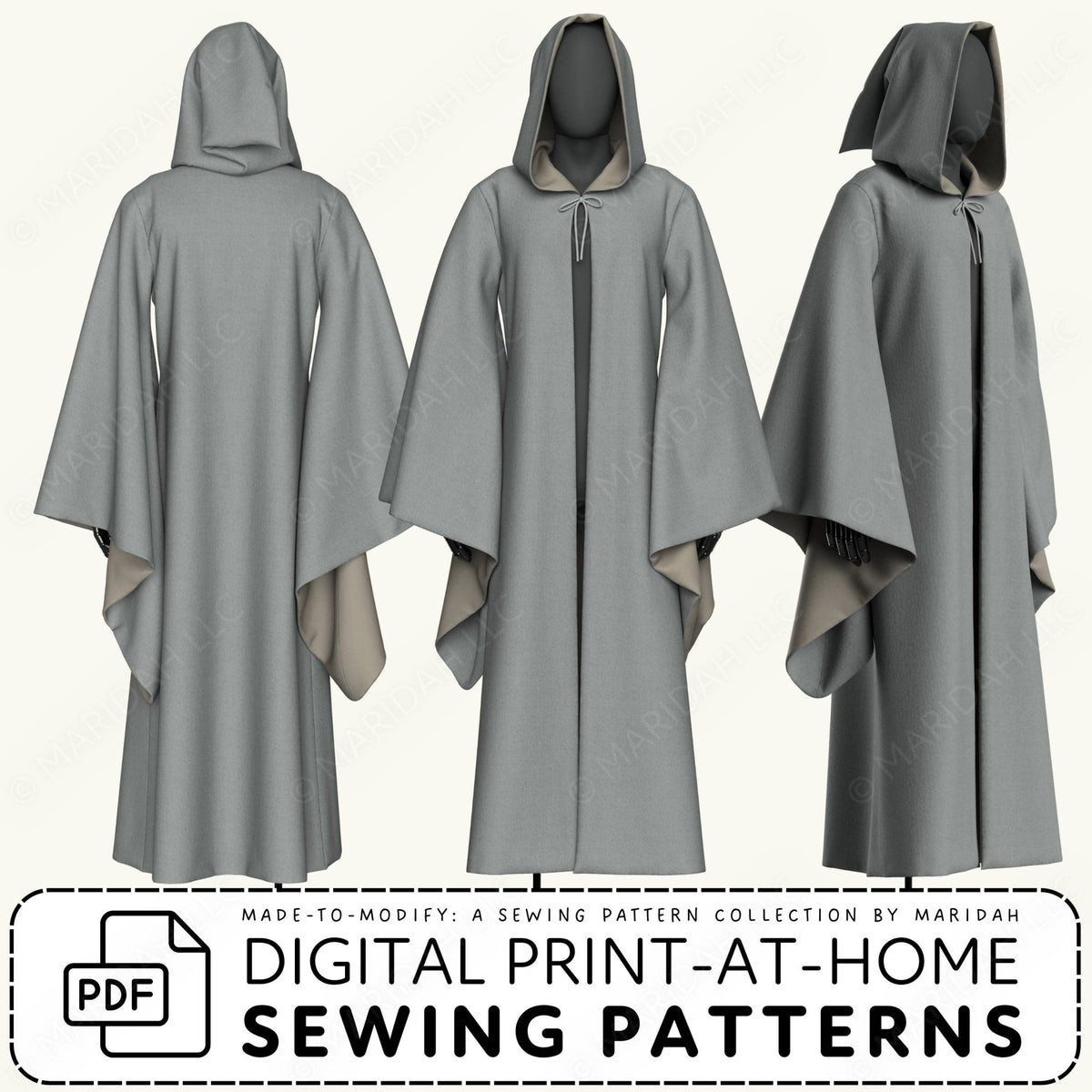 Three gray hooded cloaks shown from front, back, and side views on a light background, with text at the bottom reading &