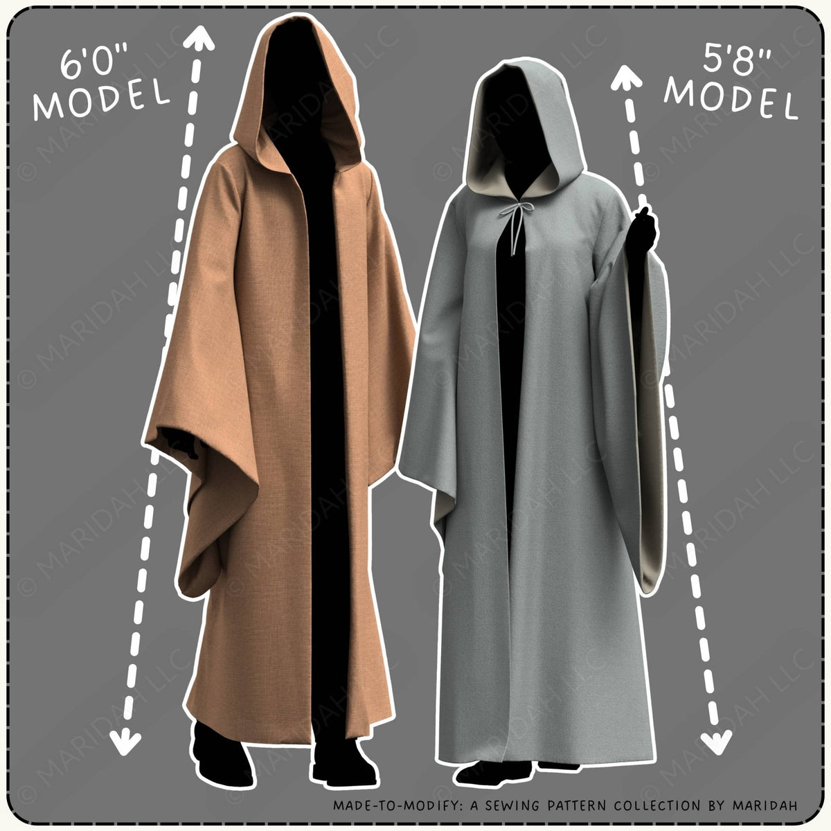 Two hooded long robes shown on black mannequin-like forms against a gray background, with size arrows and text indicating 6&