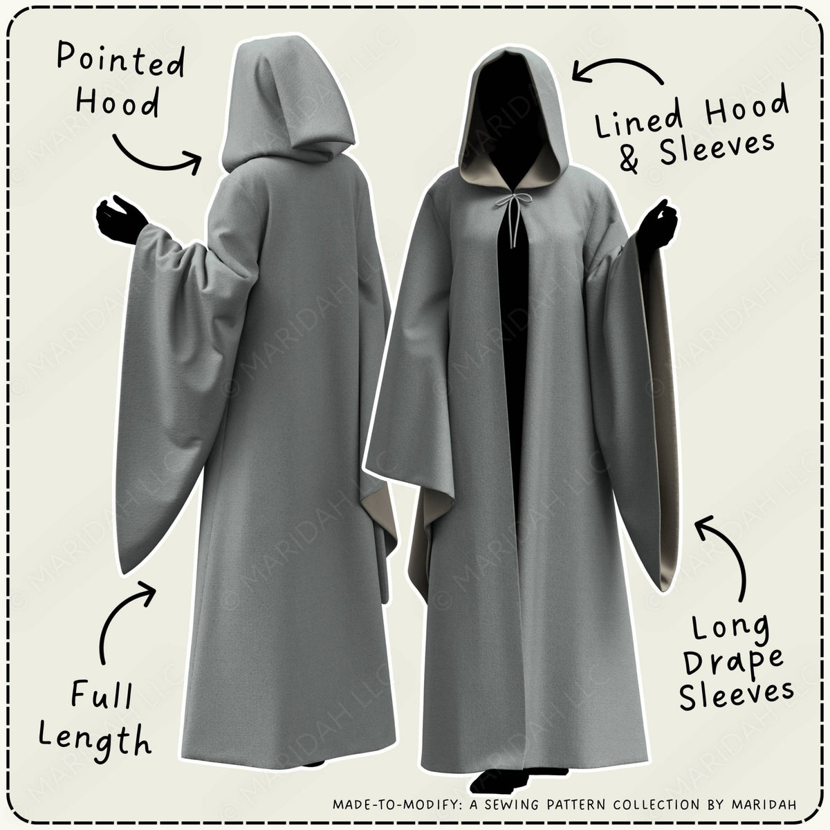 A sewing pattern style image showing a hooded robe from front and back views with callout arrows and text labels: &