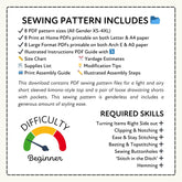 a sewing pattern that includes 8 PDF sewing pattern files for a light and airy short sleeved kimono-style top and a pair of loose drastling shorts with pockets. This sewing pattern is genderless and includes a generous amount of styling ease.