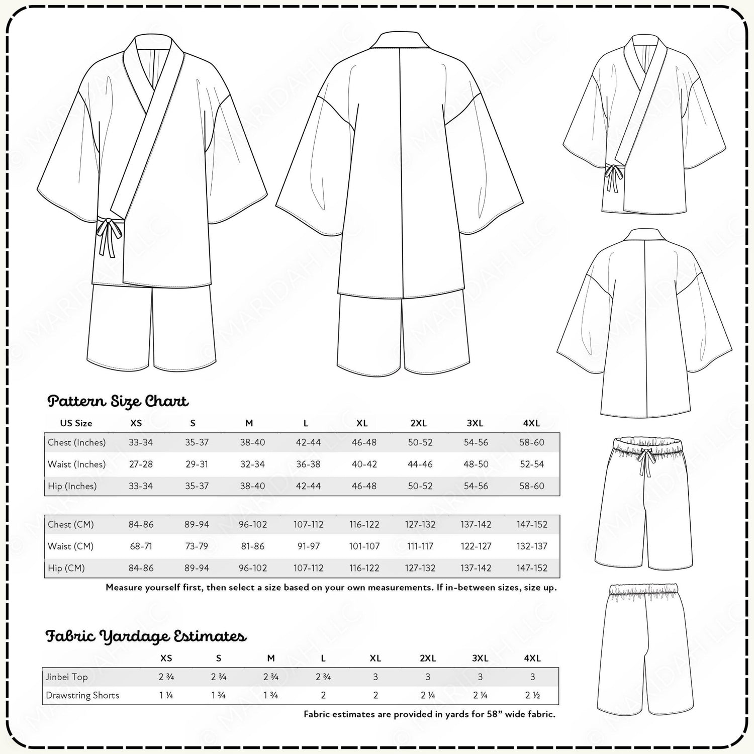 a pattern size chart and fabric yardage estimate for a kimono, a traditional Japanese garment. The chart provides measurements for various sizes, including chest, waist, hip, and drawstring shorts. The fabric yardage estimate is provided in yards for a 5&