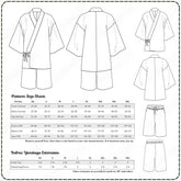 a pattern size chart and fabric yardage estimate for a kimono, a traditional Japanese garment. The chart provides measurements for various sizes, including chest, waist, hip, and drawstring shorts. The fabric yardage estimate is provided in yards for a 5&