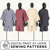 four mannequins wearing different styles of kimonos, including a purple and white kimono, a red kimono, a beige and white kimono, and a black and white kimono.