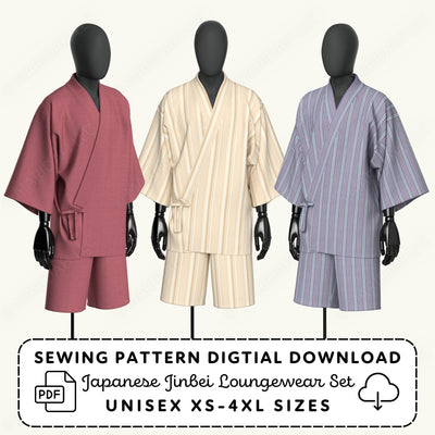 three mannequins wearing traditional Japanese robes, with a sewing pattern digital download labeled as a Japanese Jinbei loungewear set in unisex sizes.