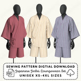 three mannequins wearing traditional Japanese robes, with a sewing pattern digital download labeled as a Japanese Jinbei loungewear set in unisex sizes.