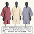 three mannequins wearing traditional Japanese robes, with a sewing pattern digital download labeled as a Japanese Jinbei loungewear set in unisex sizes.