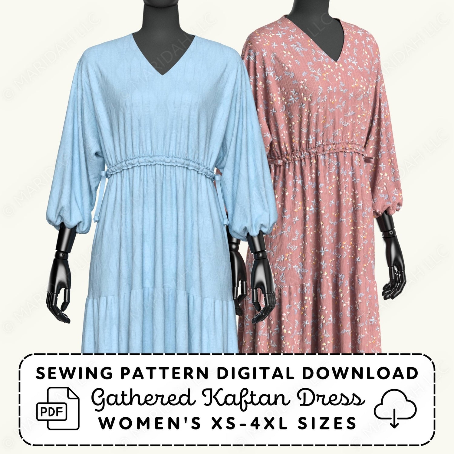 Two mannequins wearing light blue and pink gathered kaftan dresses with sewing pattern digital download text.