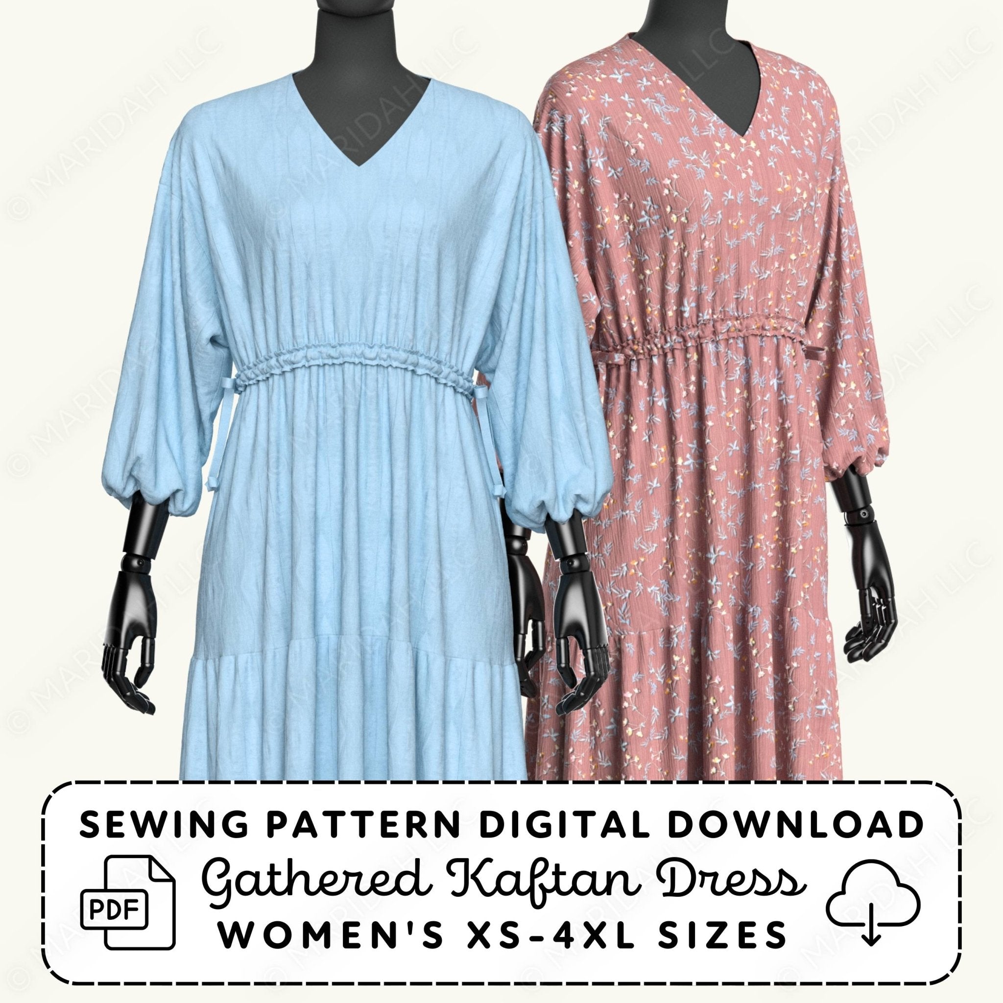 Two mannequins wearing light blue and pink gathered kaftan dresses with sewing pattern digital download text.