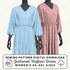 Two mannequins wearing light blue and pink gathered kaftan dresses with sewing pattern digital download text.