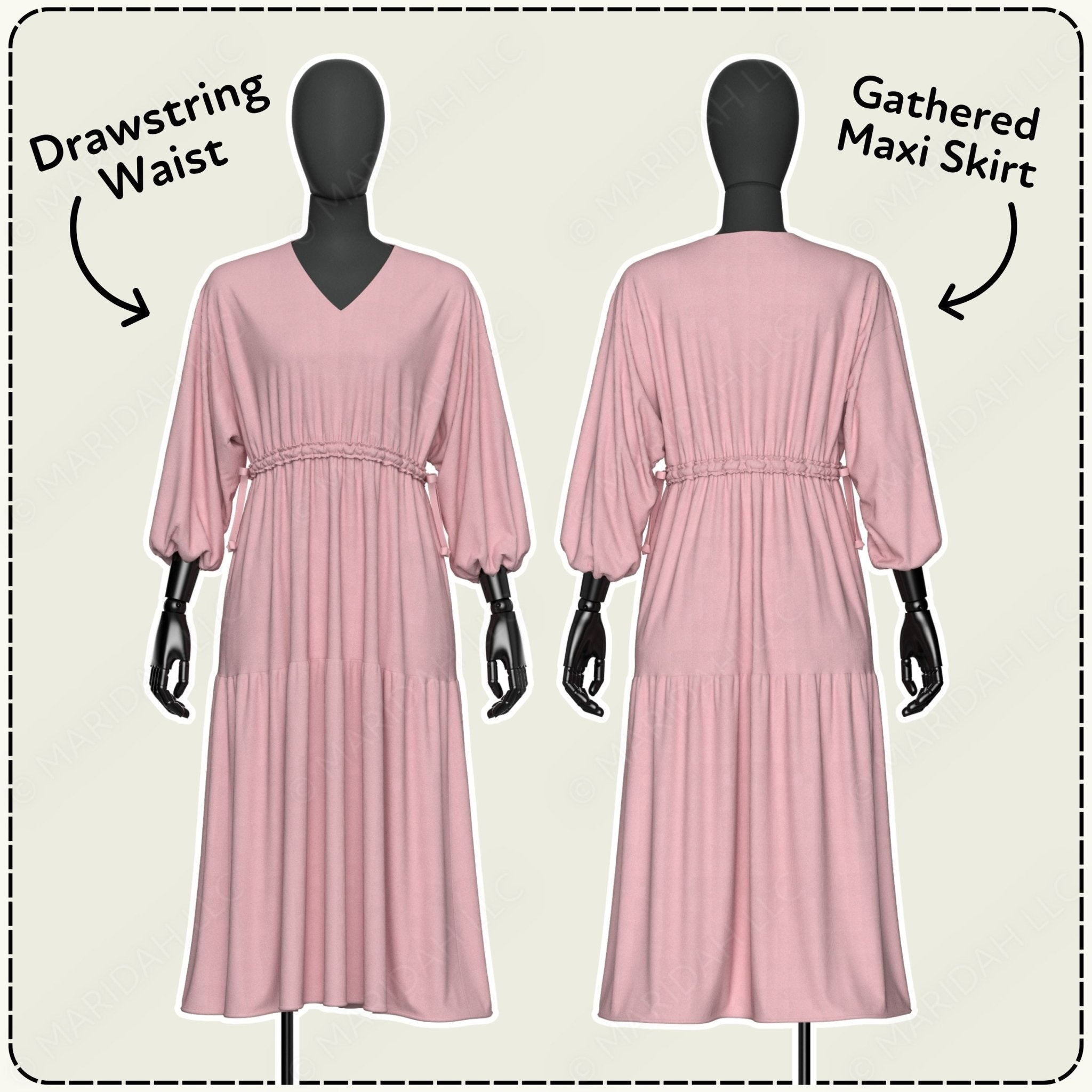Pink dress on mannequins with annotations for drawstring waist and gathered maxi skirt.