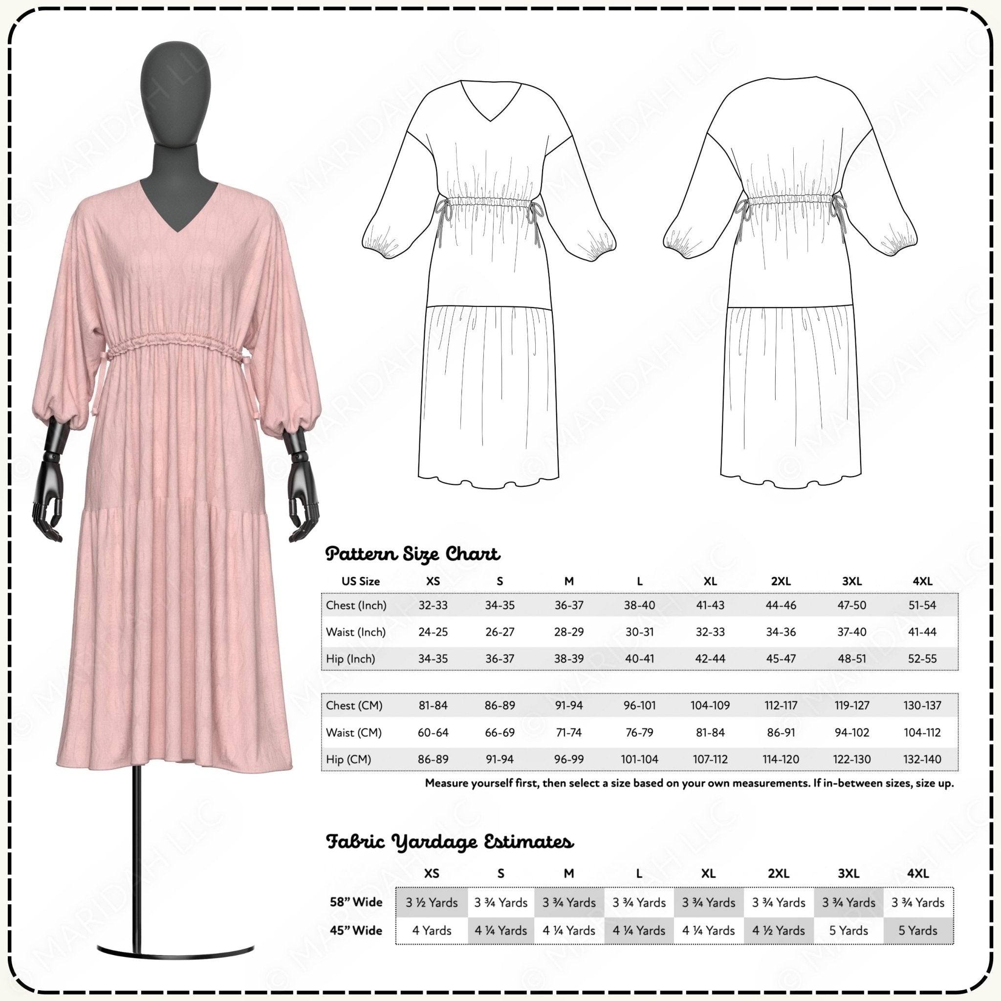 Pink dress on a mannequin with pattern size chart and fabric yardage estimates.