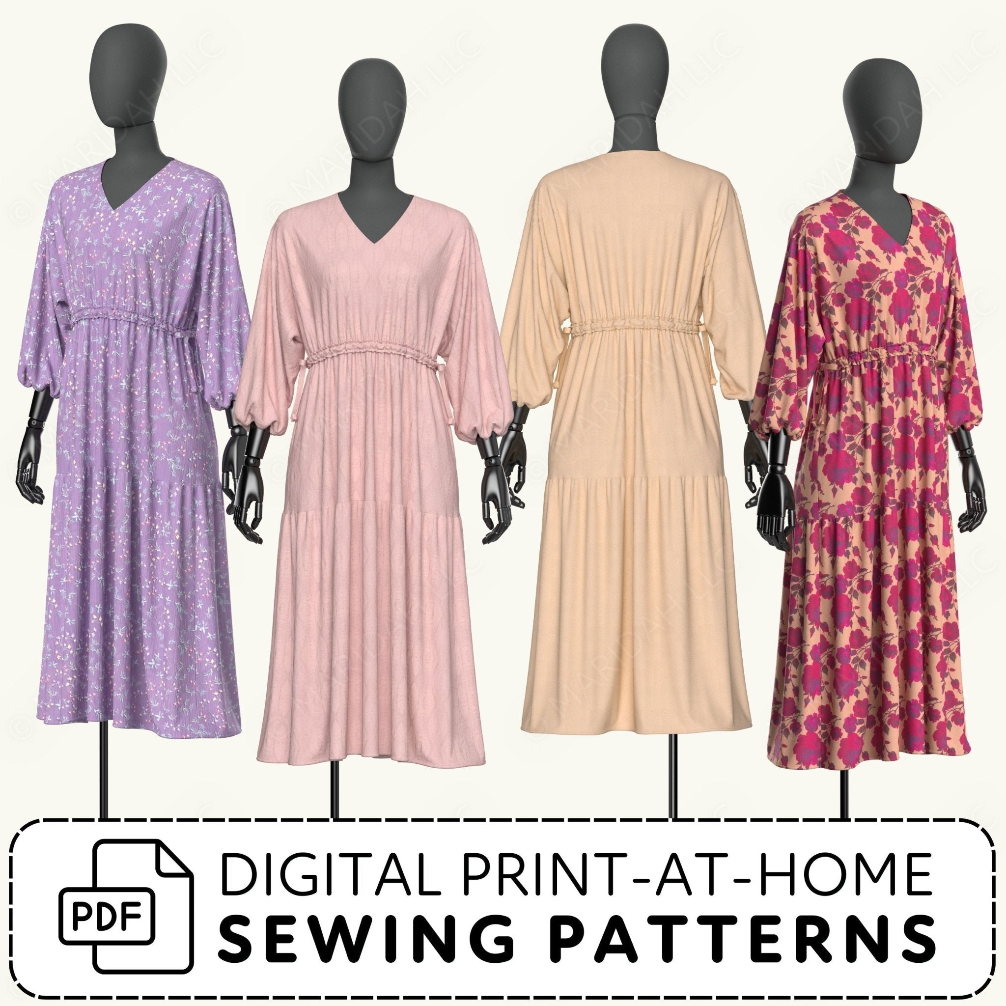 Four mannequins wearing different colored dresses with a digital print-at-home sewing patterns text overlay.