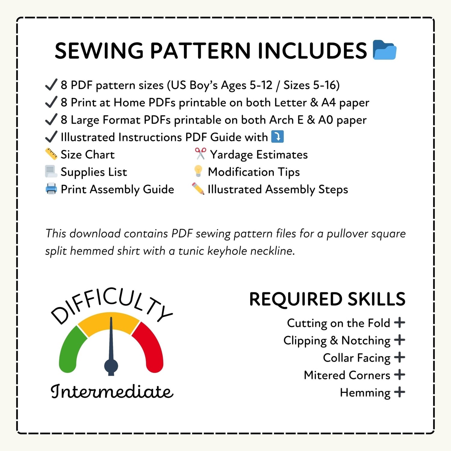 Sewing pattern information with difficulty rating and required skills listed.