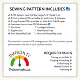 Sewing pattern information with difficulty rating and required skills listed.