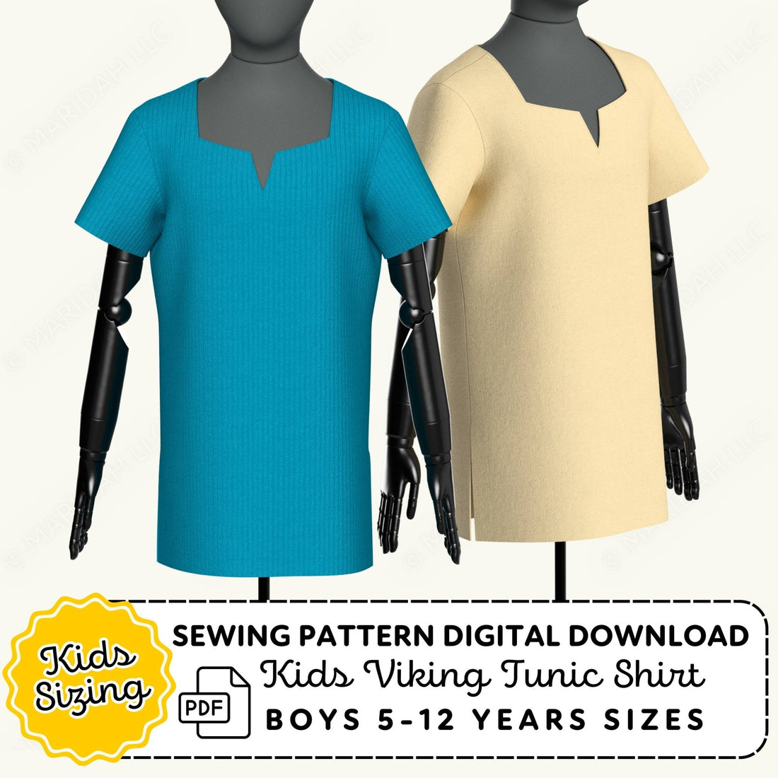 Two mannequins wearing blue and beige Viking tunic shirts with sewing pattern digital download text.