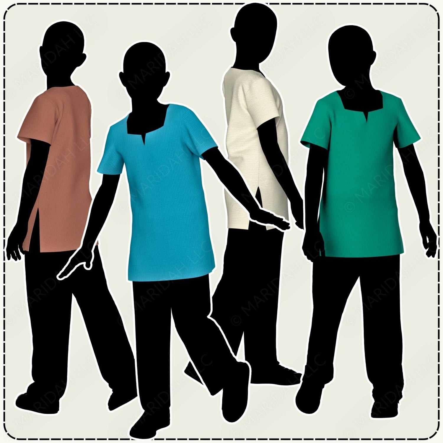 Silhouettes of four people wearing different colored shirts on a plain background