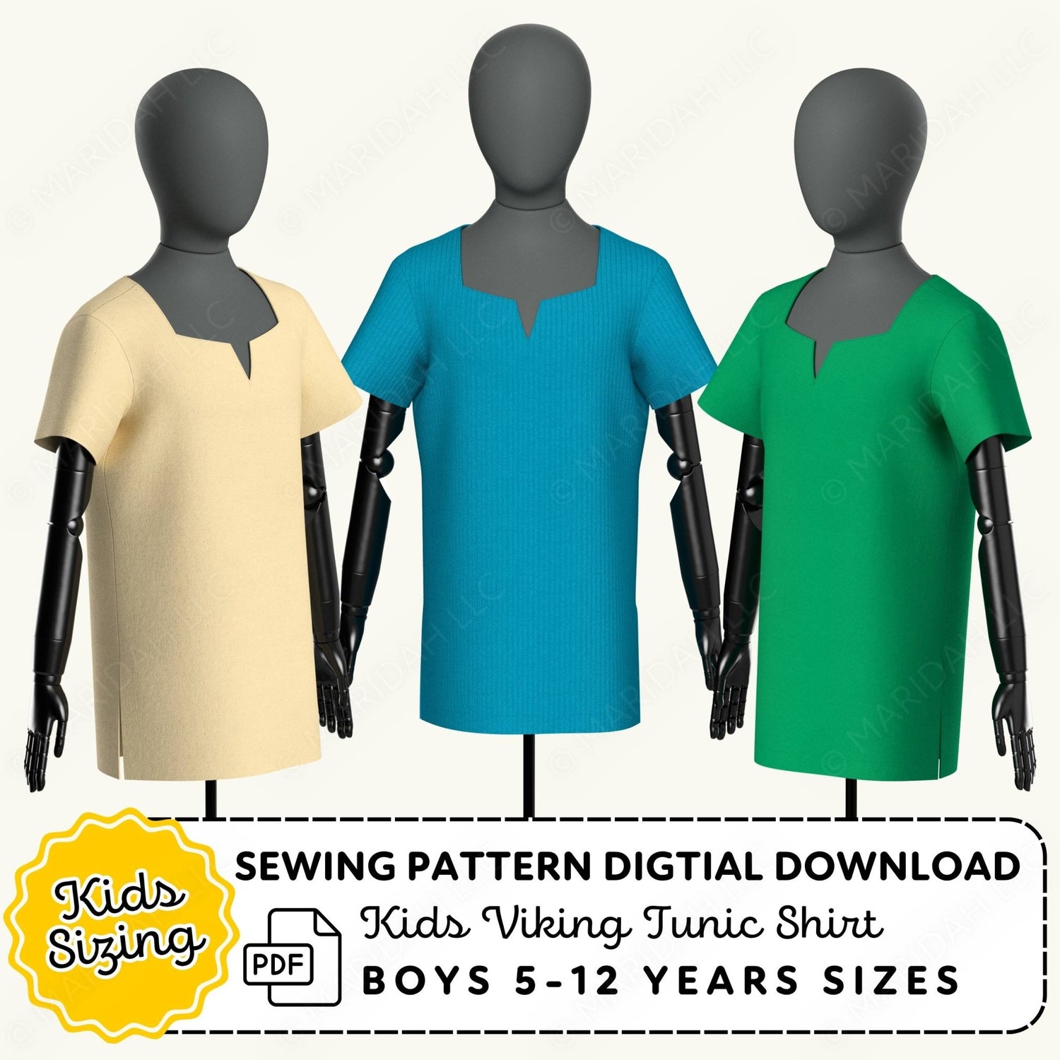 Three mannequins wearing Viking tunic shirts in beige, blue, and green with sewing pattern digital download text.