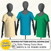 Three mannequins wearing Viking tunic shirts in beige, blue, and green with sewing pattern digital download text.