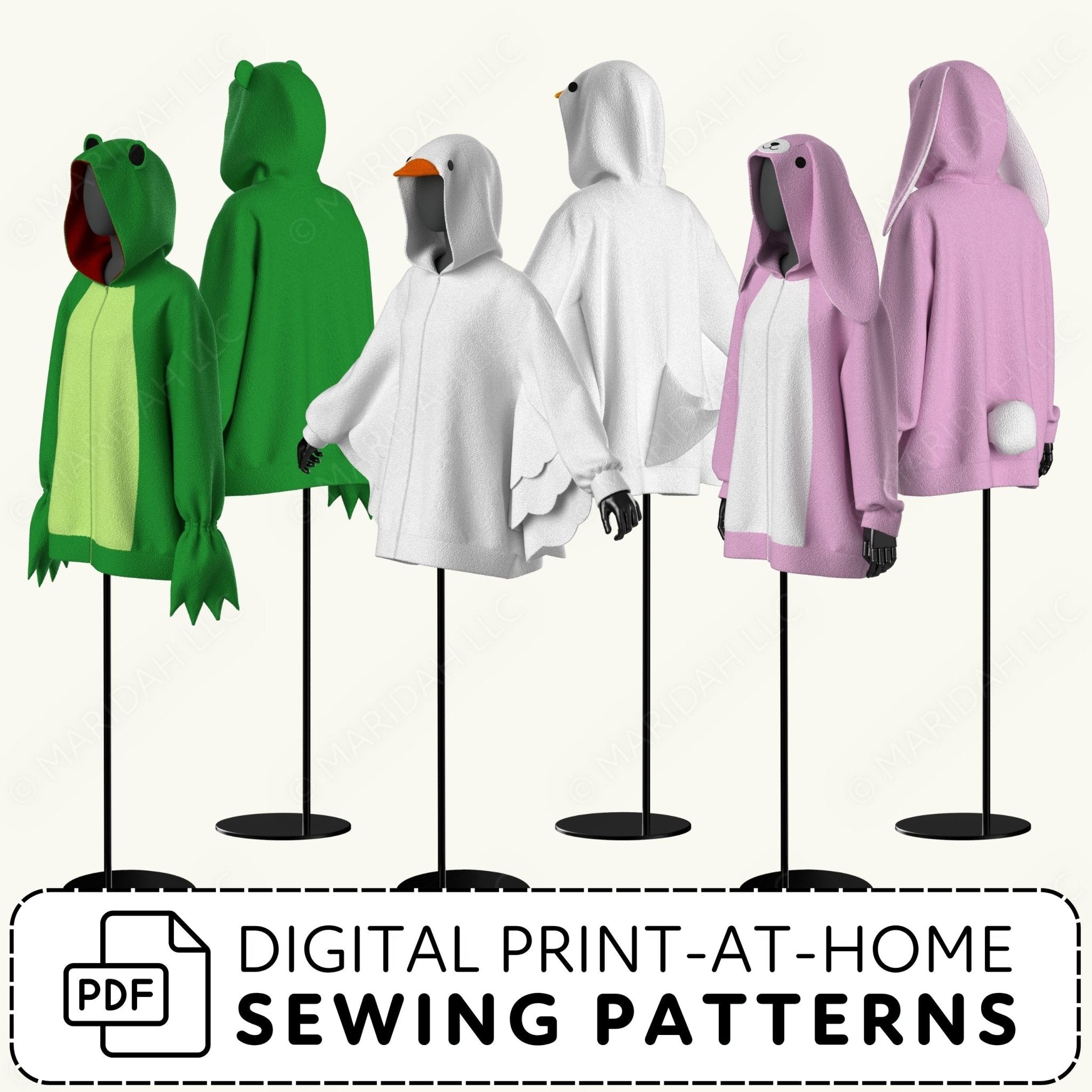 Six hoodies on mannequins with digital print-at-home sewing pattern text at the bottom.