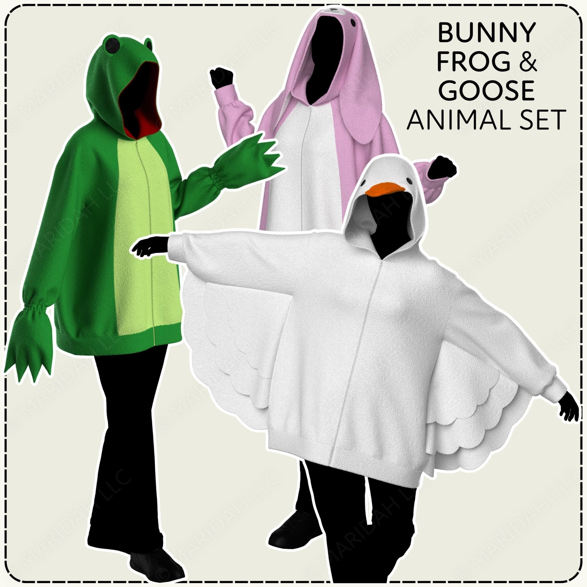 Three animal-themed hoodies: green frog, pink rabbit, and white goose, on a beige background.