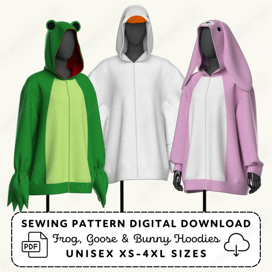 Three hoodies in green, white, and pink with a sewing pattern digital download text overlay.