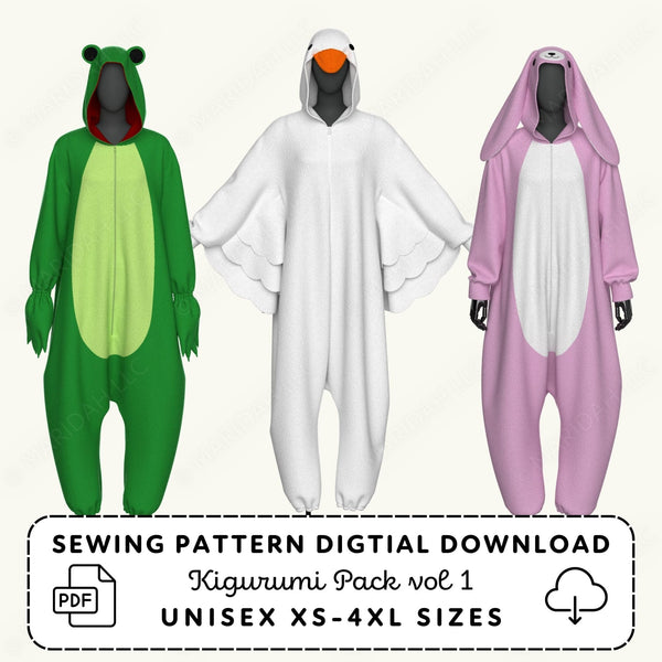 Three animal-themed onesies in green, white, and pink with a sewing pattern digital download text below.