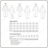 a detailed pattern size chart and fabric yardage estimates for a costume, including measurements and corresponding fabric yardage in yards.