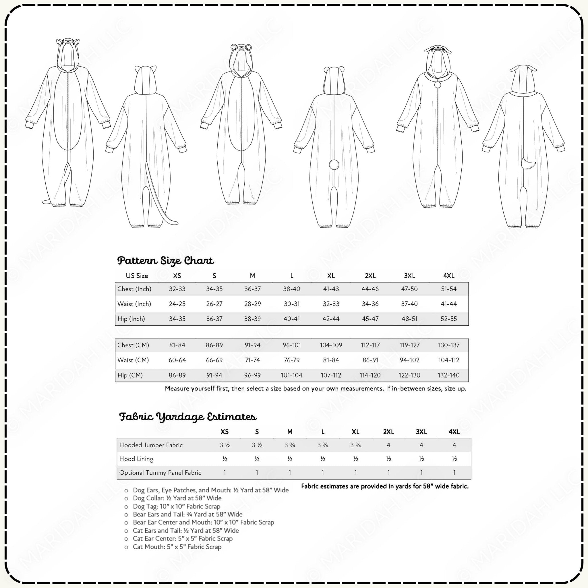 Pattern size chart and fabric yardage estimates for a hooded jumpsuit with measurements and fabric requirements.