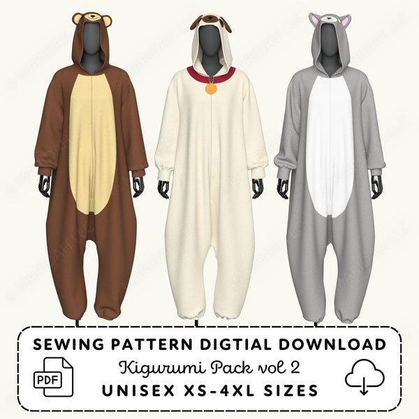 Three animal-themed kigurumi onesies on a white background with sewing pattern digital download text.