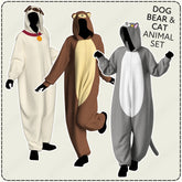 three animal costumes: a dog, a bear, and a cat.