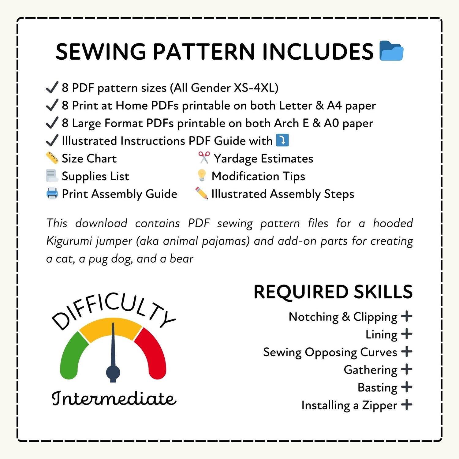 a sewing pattern that includes various sewing pattern files for creating a cat, a pug dog, and a bear, along with a list of required sewing skills.