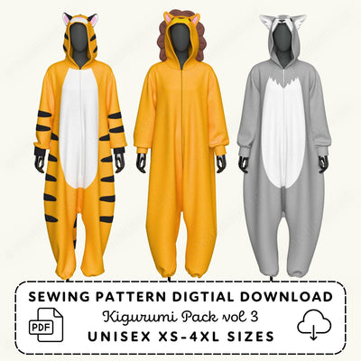 three animal-themed hooded costumes, including a tiger, lion, and gray wolf, displayed in a 3D rendering.