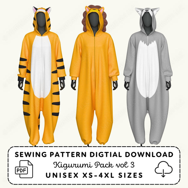 Three animal-themed onesies on mannequins with sewing pattern digital download text.
