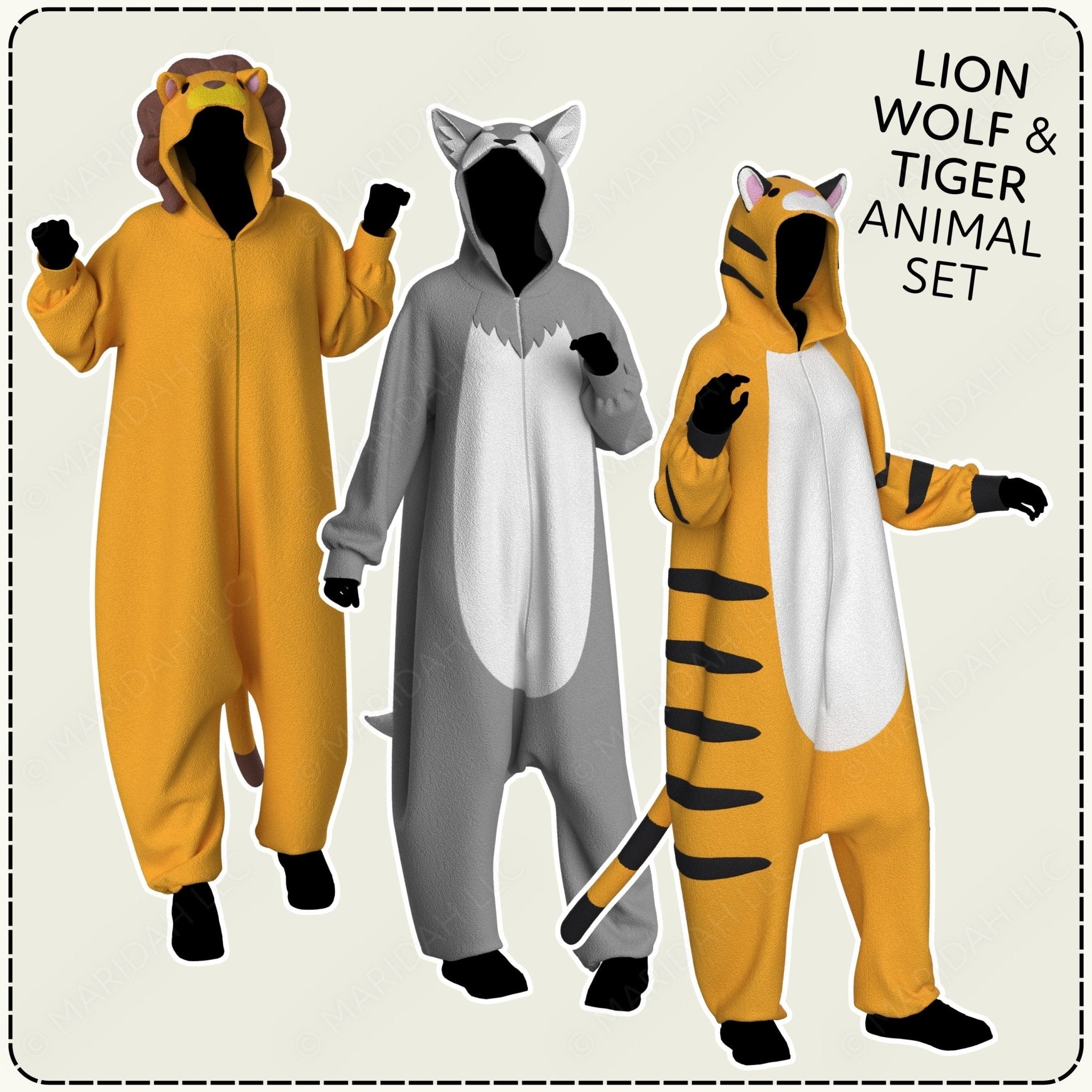 Three animal-themed onesies resembling a lion, wolf, and tiger on a plain background.