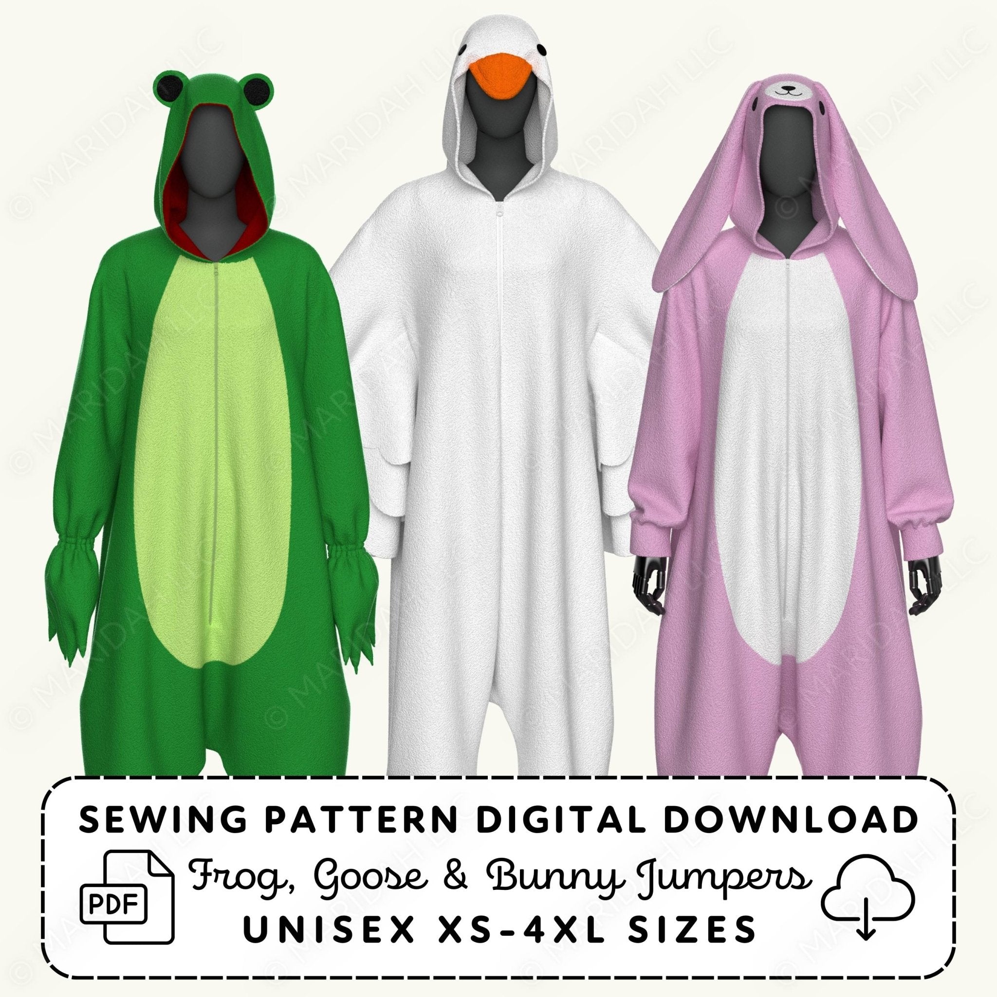 Three animal-themed onesies (frog, goose, and bunny) with sewing pattern digital download text.