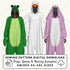 Three animal-themed onesies (frog, goose, and bunny) with sewing pattern digital download text.