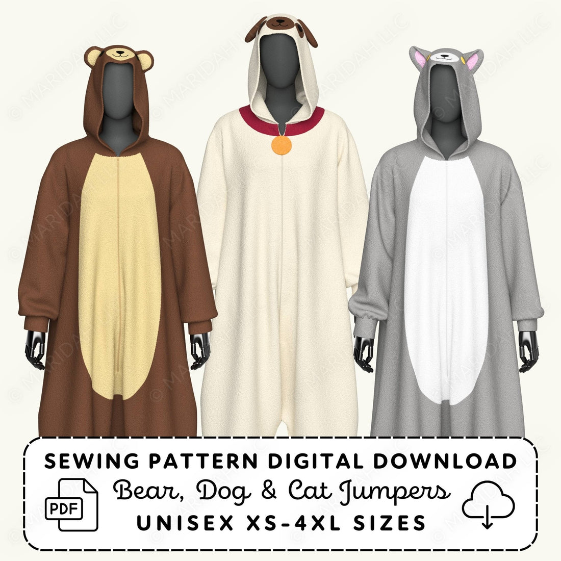 Three animal-themed onesies on a white background with sewing pattern digital download text.