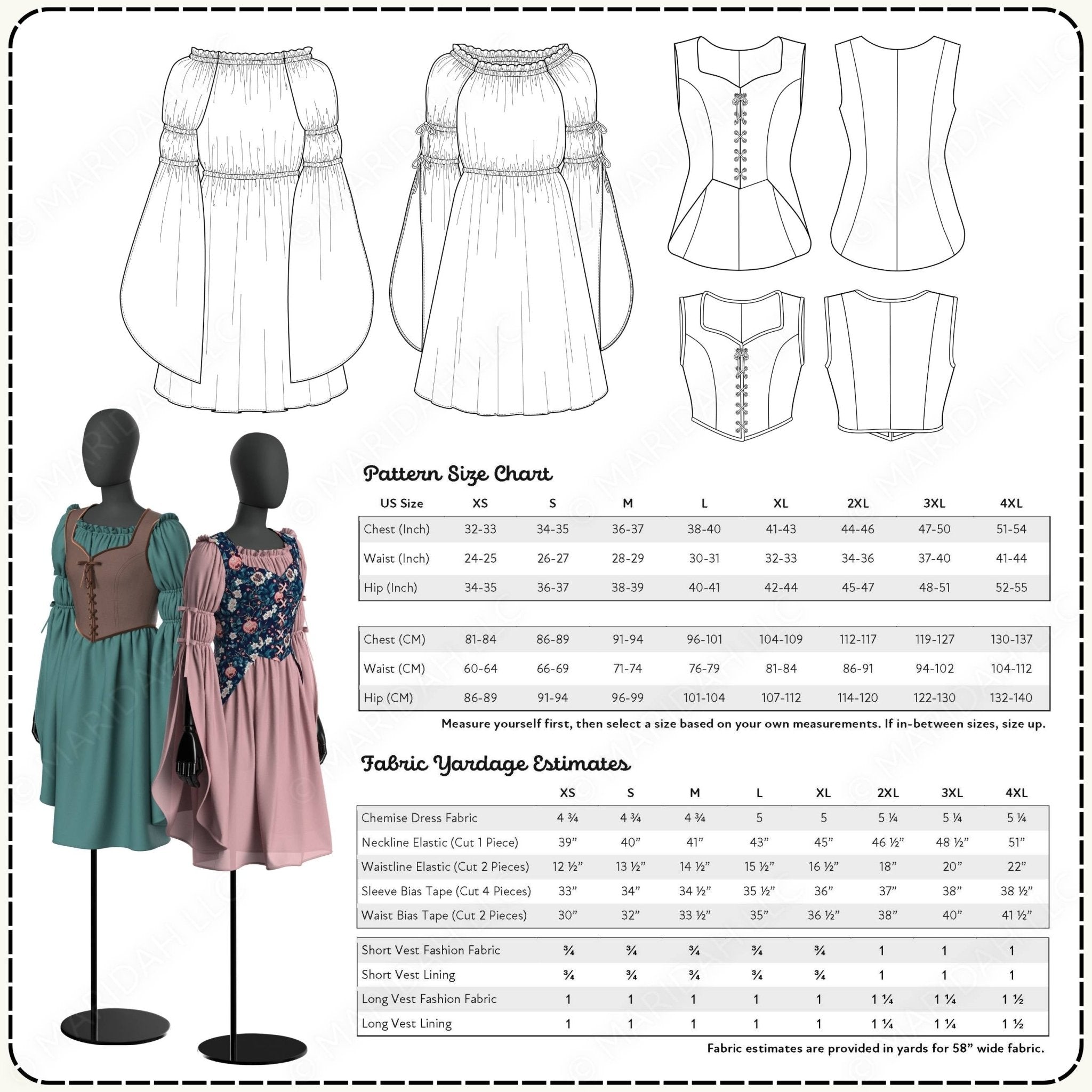 Fashion design pattern with mannequins, size chart, and fabric yardage estimates.
