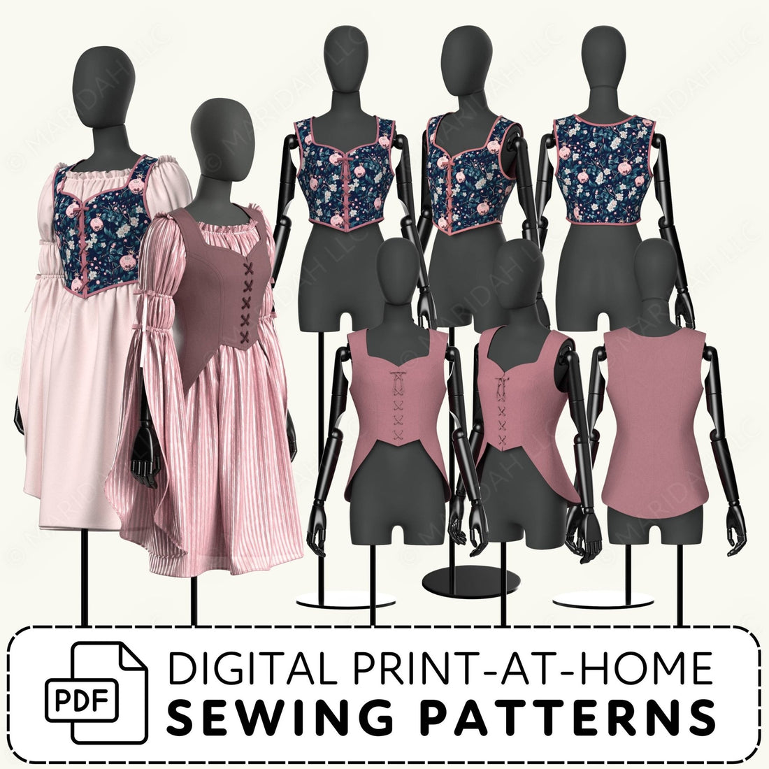 Mannequins wearing completed sewing projects with digital print-at-home sewing patterns text.