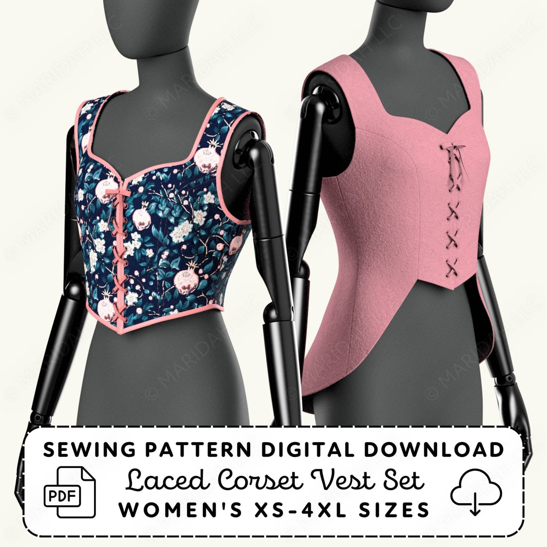 Two mannequins wearing a floral laced corset vest and a pink laced corset vest with sewing pattern digital download text.