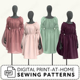 four mannequins wearing dresses in various colors, including pink, green, purple, and maroon.