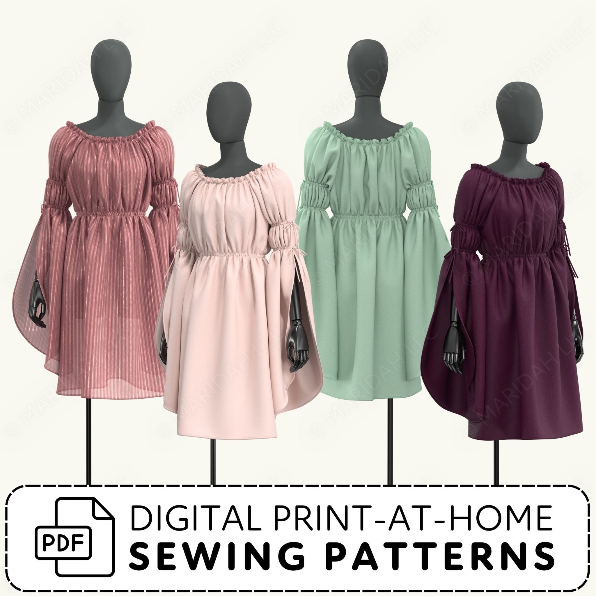Four mannequins wearing dresses in different colors with digital print-at-home sewing patterns text.