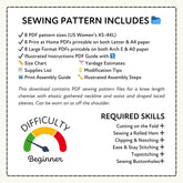 a sewing pattern that includes various sewing pattern files for a knee length chamise with elastic gathered neckline and waist and draped laced sleeves. The download contains PDF sewing pattern files for a knee length chamise with elastic gathered neckline and waist and draped laced sleeves. Can be worn on or off the shoulder.